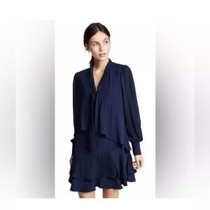 Parker Kenji Dress Tiered Chiffon Long Sleeves Navy Blue Size Small